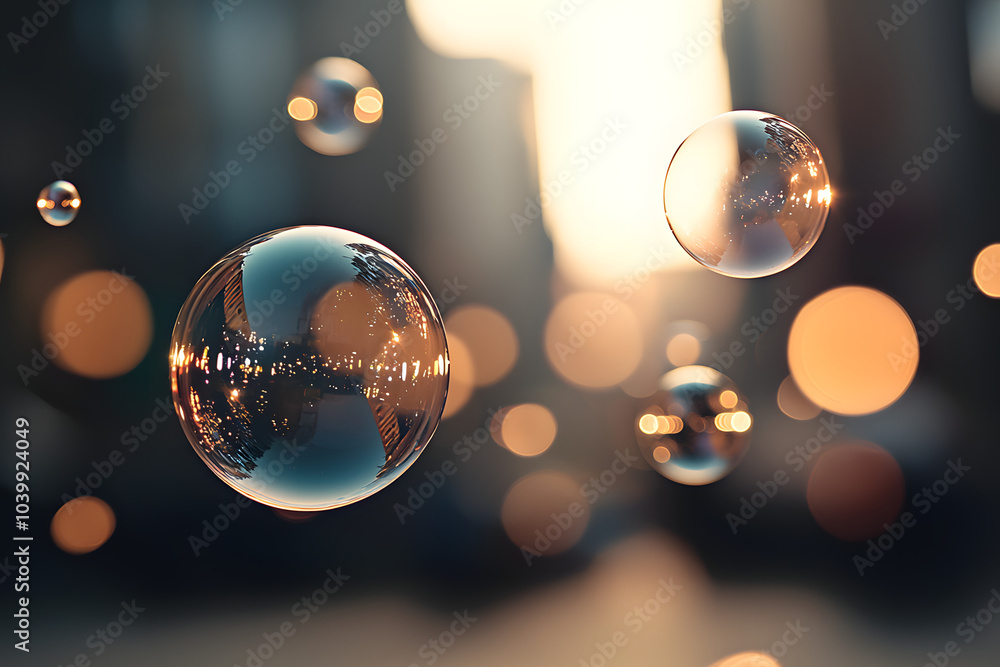 Poster abstract cityscape reflection in soap bubbles with bokeh lights