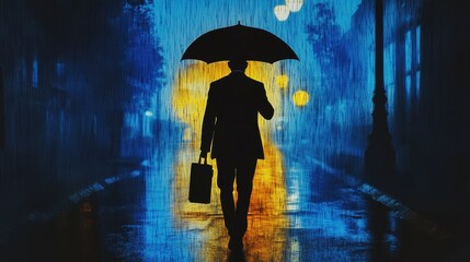 A silhouette of a person holding an umbrella walks through a rainy urban scene, surrounded by glowing lights in a moody, atmospheric setting.