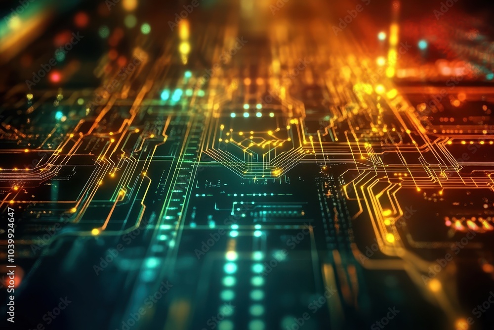 Poster intricate circuit board design illuminated with vibrant colors showcasing advanced technology