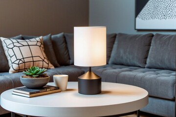 Stylish modern geometric lamp on the table in a cozy living room at night with copy space.