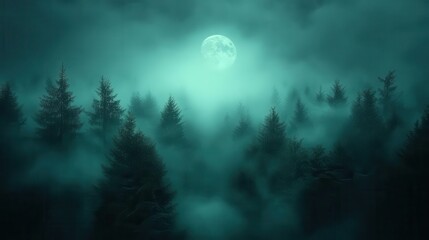 Fototapeta premium eerie fog enveloping a dark forest illuminated by ethereal moonlight filtering through the trees creating an atmosphere of mystery and intrigue with an abstract bokeh effect enhancing the scene