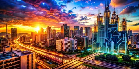Naklejka premium Digital Technology Concept with Integrated Circuits and Network Elements in Urban Exploration Photography