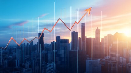 A skyline view at sunset features a rising graph overlay, symbolizing growth and financial success in urban environments.