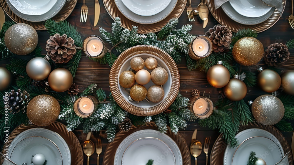 Poster a table is set with a fancy dinner table, including a large bowl of gold