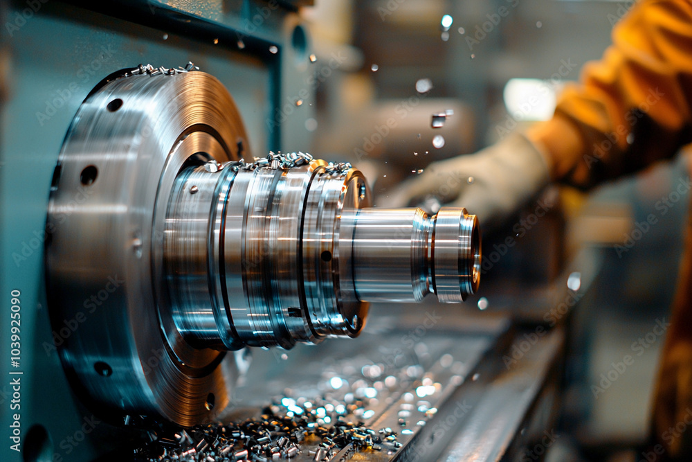 Poster precision machining in a workshop with metal components being shaped