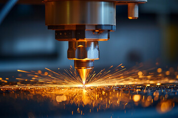 High-precision laser cutting in a workshop with sparks at dusk