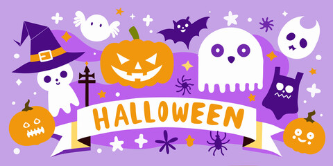Playful Halloween poster featuring ghosts, pumpkins, and festive decorations