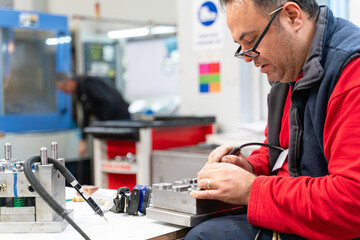 Professional technical worker man working and metal mold and die part repair in a factory.