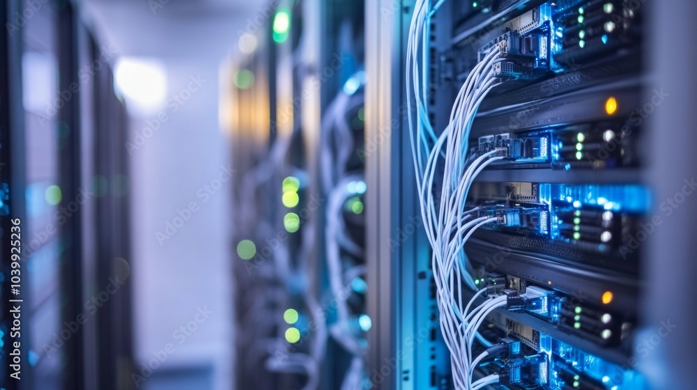 Poster A high-speed internet data center, futuristic server room with rows of servers and fiber optic connections, Technological style