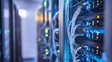 A high-speed internet data center, futuristic server room with rows of servers and fiber optic connections, Technological style