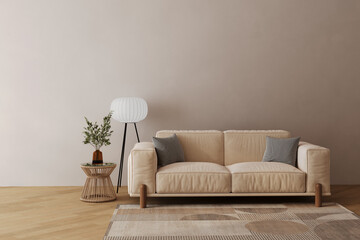 Living room interior wall mockup in warm tones with beige sofa, pillows, plaid, plant, table and...