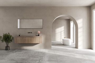 Modern bathroom with a sink and a bathtub. The bathroom is very clean and has a lot of natural light