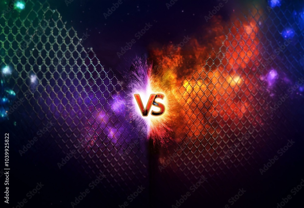 Poster Chain link fence with a glowing VS symbol centered between red and blue explosions.
