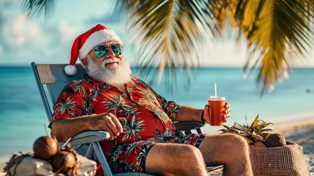 Tropical Santa Claus wearing a Hawaiian shirt and sunglasses, enjoying a drink under a palm tree, sitting in a beach chair, ocean waves in the background