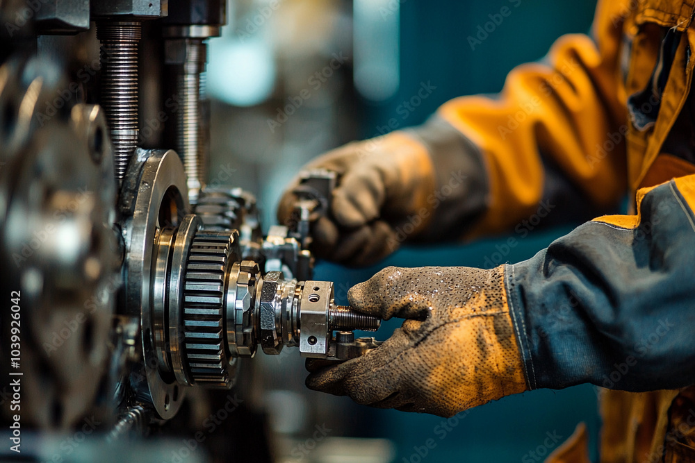 Poster worker assembling machinery components in a factory during the day