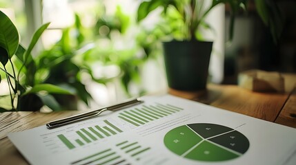 Detailed Green Report with Pie Charts Laying on Desk with Potted Plants