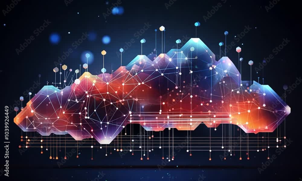 Poster multicolor cloud interconnected by glowing digital nodes video animation. internet of things. abstra