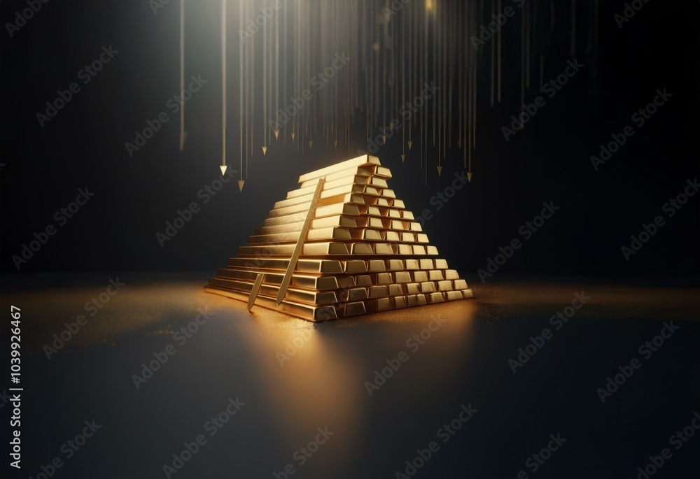 Poster a pyramid shaped structure made of gold bars is lit from above with a spotlight.