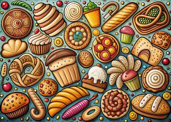 Naklejka premium Doodle Bakery Collection: Hand-Drawn Bread, Pastry, and Cookie Illustrations for Creative Projects