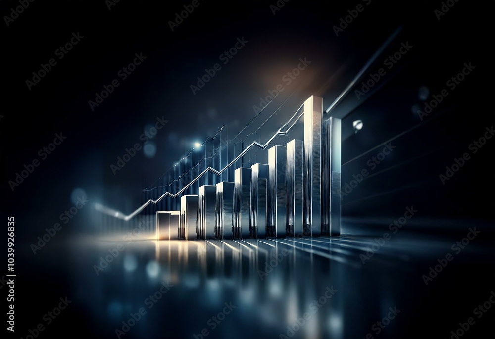 Aufkleber a dark abstract background with a silver 3d bar graph rising against a black backdrop.