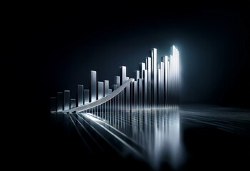 A silver curve ascends a silver bar graph, creating a city skyline effect.