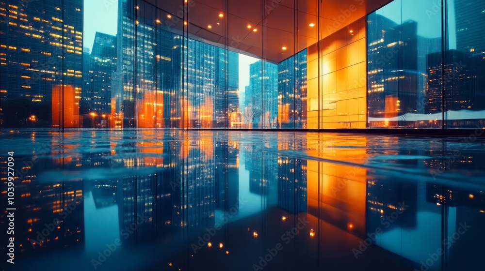 Poster a cityscape with a large building in the middle