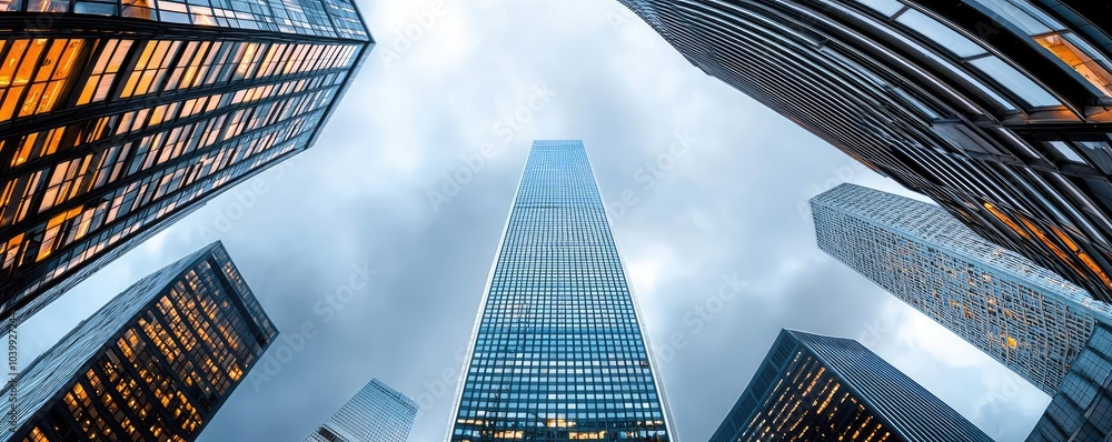 Poster skyward view of skyscrapers and modern architecture against cloudy sky.