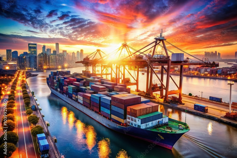 Poster double exposure of container ship in port with cranes and logistics operations for export and import
