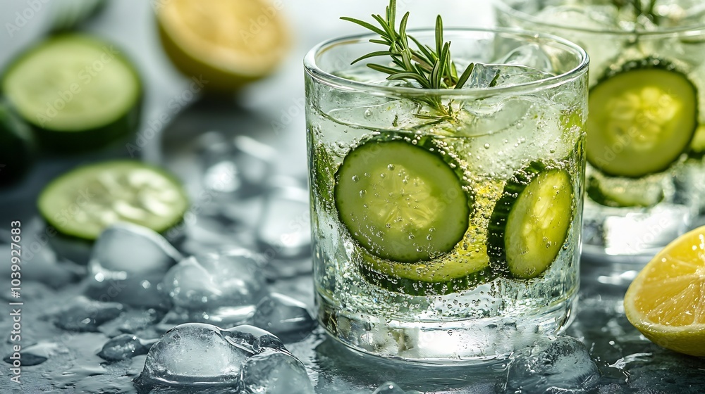 Poster chilled lime lemonade slices of cucumber and sprigs of rosemary served in a glass filled with ice se