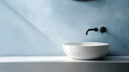 ceramic vessel sink and wall mounted black faucet on mock up concrete wall with copy space