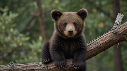 Obraz premium A cute brown bear cub sits on a branch in a forest, looking directly at the camera with innocent eyes.