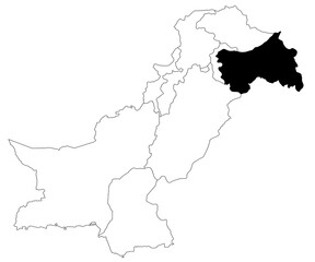 Map of Jammu and Kashmir region (claimed by pakistan) in Pakistan country on white background. single province map highlighted by black colour on pakistan map. pak, pk