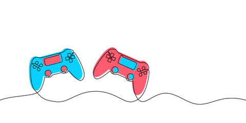 Continuous one line drawing of two game controller or joystick. Gamepad icon in single outline style. Gaming linear symbol editable stroke. Vector illustration on white background