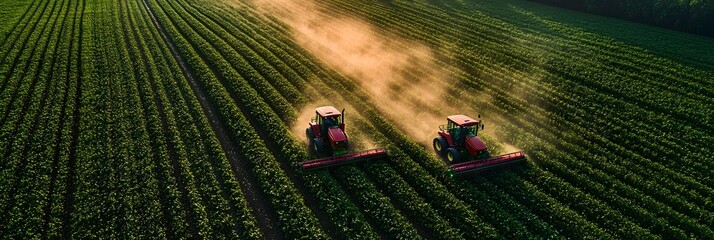 Two red tractors plowing and cultivating rows of green agricultural fields in a scenic rural landscape. Aerial overhead view of modern farming equipment working in open countryside.