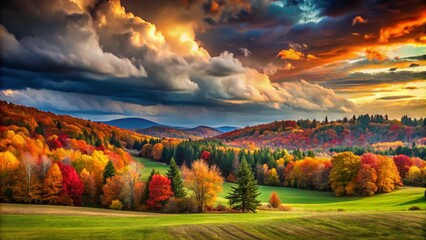 Obraz premium Dramatic Autumn Landscape with Forests and Meadows Under Dramatic Clouds - Aerial Drone Photography
