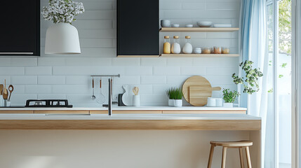 minimalist kitchen blue tone and chair