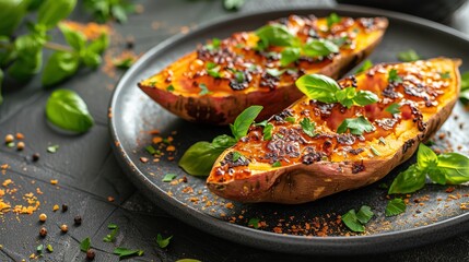 Close-up of a black sweet potato plate with crème brule on a smooth black background with writing spaced on it, Generative AI.