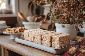 farmhouse kitchen decor, protein bars displayed on an antique platter in a cozy farmhouse kitchen adorned with fresh blooms