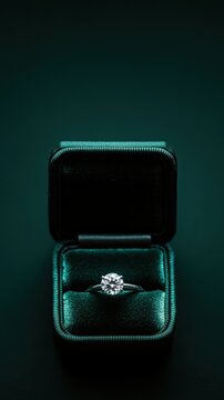 Single diamond ring in a velvet box, set against a solid dark green background