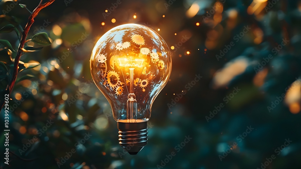 Aufkleber floating illuminated invention:gears within light bulb symbolizing mechanical creativity