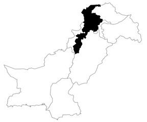 Obraz premium Map of Khyber pakhtunkhwa province in Pakistan country on white background. single province map highlighted by black colour on pakistan map. pak, pk