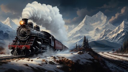 An old steam train chugging through snowy mountains on christmas day.