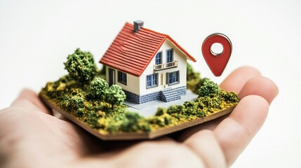 Miniature house model nestled in a hand with a red location pin, symbolizing real estate, property search, and home ownership concepts.