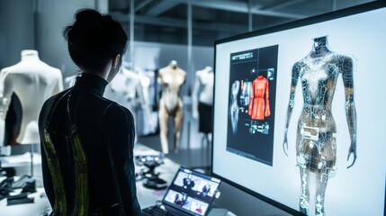 A high-tech fashion design studio with digital clothing simulations and wearable tech prototypes, Fashionable style, photo of