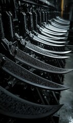 Black metallic blades in a row.