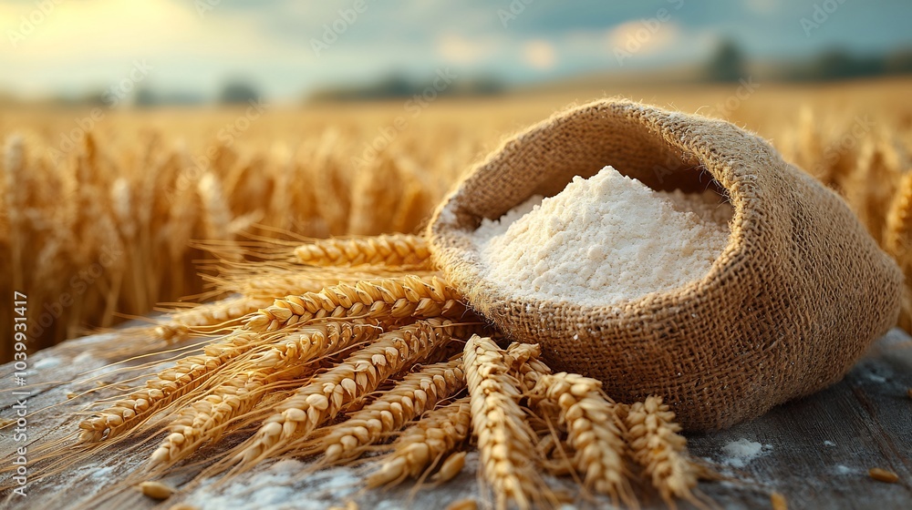 Poster closeup of ears of golden wheat an open bag of flour on a weathered wooden table with a vast wheat f