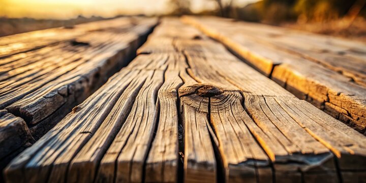 Drone Photography of a Rough, Splintery Plank with Visible Grain and Cracks Against a Blurred Neutral Background for