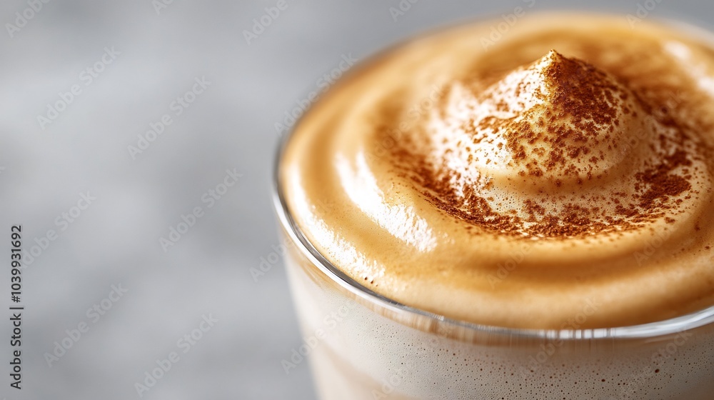Poster closeup of frothy dalgona coffee a clear glass showcasing a creamy instant coffee foam topping set a