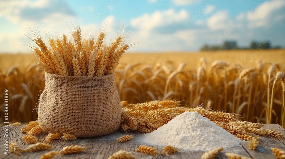 Poster closeup of ears of golden wheat an open bag of flour on a weathered wooden table with a vast wheat f