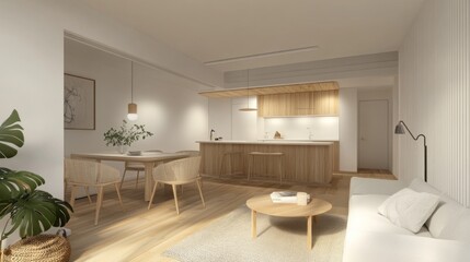 3D rendering of a Scandinavian loft apartment with minimalist furniture, white walls, and wooden accents.